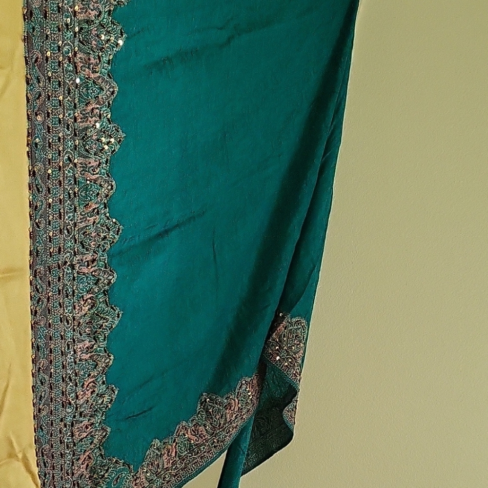 Indian Shawl, Teal and Gold With Detailed Work